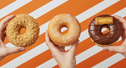 Hands holding assorted donuts on striped background