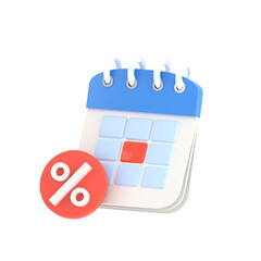 3D rendered calendar icon with discount badge icon. Represents reminders for meetings, events, or tasks in a planner on transparent PNG background.