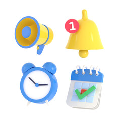 Collection 3D rendered calendar, bell notification, alarm clock, calendar with red mark and megaphone on PNG transparent background