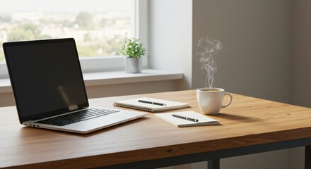Cozy Workspace with Coffee, Laptop, and Notebook