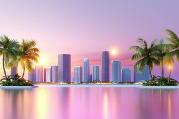Serene sunset over a vibrant city skyline with palm trees in the foreground.