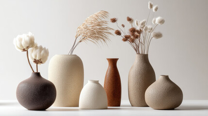 Collection of six elegant vases with dried flowers, showcasing neutral earth tones.  The vases vary in shape, size, and material, creating a visually appealing arrangement.