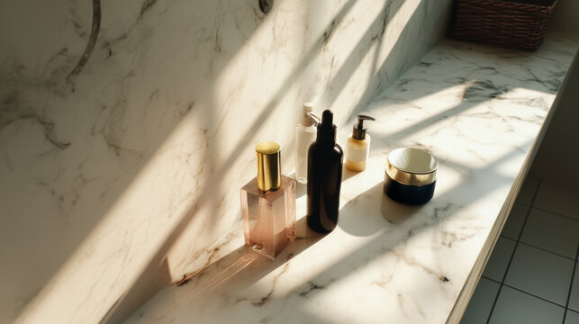 Beauty products beautifully arranged on a marble surface, illuminated by sunlight. The scene exudes elegance and tranquility