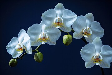 White Orchids Blossoming Against Deep Navy Backdrop for Elegant Decor