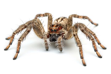 Wolf spider leaping hairy leg stretched forward detailed eye structure motion freeze frame white background