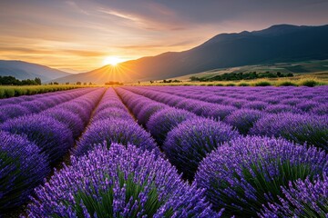 Obraz premium Vibrant lavender fields under a stunning sunset in a serene countryside setting.