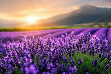 Fototapeta premium Vibrant lavender field under a golden sunset sky.