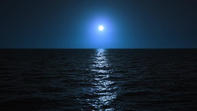 This beautiful scene showcases a truly serene nighttime ocean view, where gentle waves gracefully reflect the soft moonlight, thus creating a calming and peaceful atmosphere that is truly enchanting
