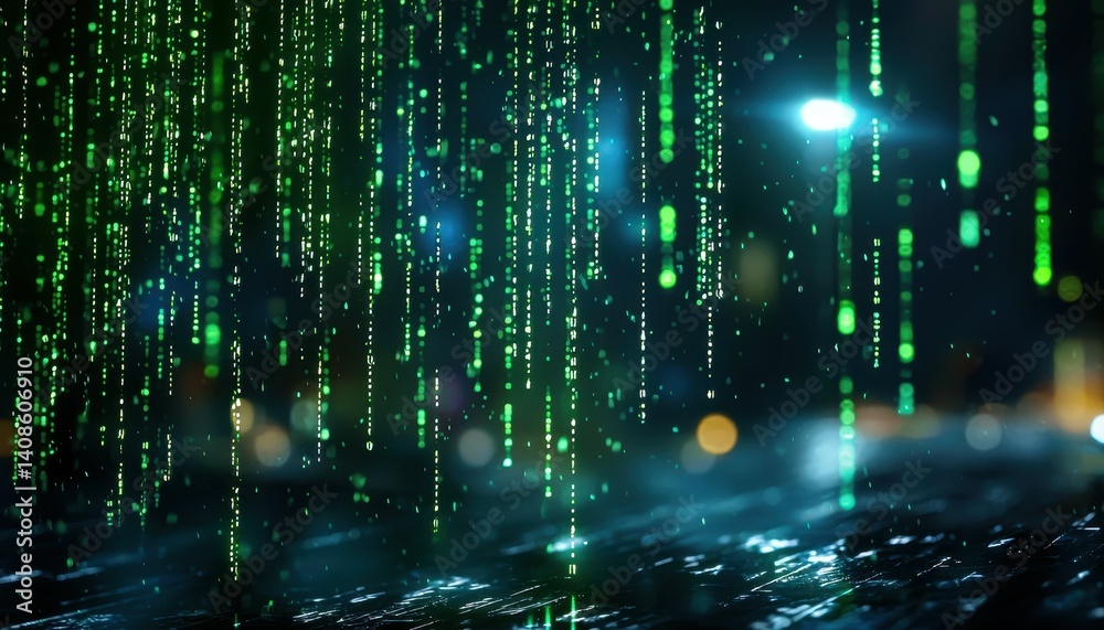 Poster a mesmerizing cascade of green binary code rain illuminated in a dark, cyberpunk-style background.