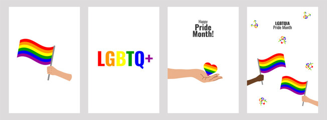 LGBT Pride Month set of colorful poster. Hand flag heart. Symbol LGBT pride community. Rainbow elements. Banner design cover magazine, layout, brochure, flyer. Vector illustration.