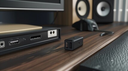 Obraz premium Photorealistic image of a usb modular topping puck in a modern studio setting