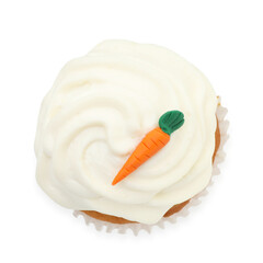 One delicious carrot cupcake isolated on white, top view