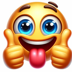 Cheerful 3D cartoon yellow smiley face emoji giving two thumbs up, big blue eyes, wide happy smile with teeth, glossy and shiny surface, positive and encouraging expression.