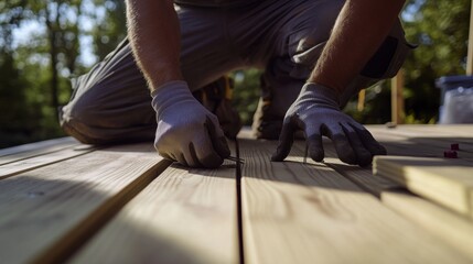 A construction worker securing a wooden deck with nails. Featuring attention to detail and care