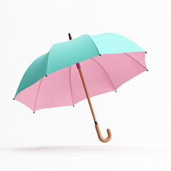Colorful umbrella in pastel hues with a wooden handle suspended against a white background