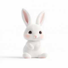 Cute fluffy white rabbit sitting on a white background with a soft expression, showcasing adorable features and a playful pose