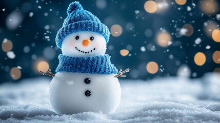 Fototapeta premium Snow-covered snowman with blue hat and scarf