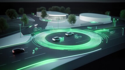 Autonomous vehicles roundabout, futuristic city, digital traffic flow
