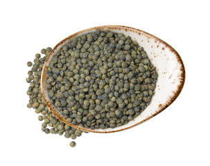 Raw lentils in bowl isolated on white, top view