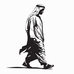 Arabic man walking sideways isolated white background in traditional costume image.