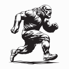 Black and white Bigfoot Running Vector Illustration isolated on white background.