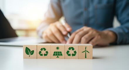 Obraz premium Person working with wooden blocks symbolizing sustainability and environmental responsibility.