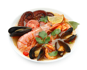 Delicious seafood soup in bowl isolated on white