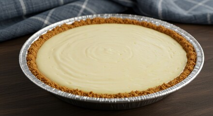 Delicious homemade key lime pie with graham cracker crust on dark wood backdrop