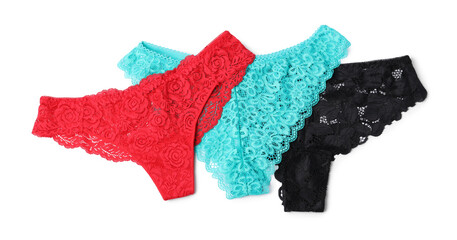 Beautiful lace panties isolated on white, top view