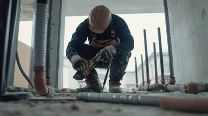 Plumber fixing pipes on a construction site. Featuring expertise and problem-solving