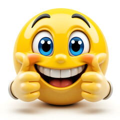 Cheerful 3D cartoon yellow smiley face emoji giving two thumbs up, big blue eyes, wide happy smile with teeth, glossy and shiny surface, positive and encouraging expression.