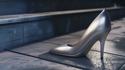 Photorealistic image of a high heel shoe being worn on the street