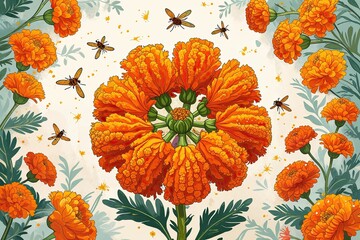 Bright Orange Marigold Artwork with Glowing Fireflies on Light Background for Festive Greetings and Celebratory Occasions