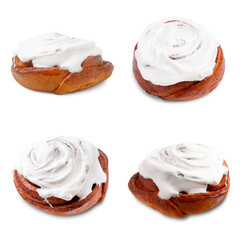 Tasty cinnamon rolls with cream isolated on white, set