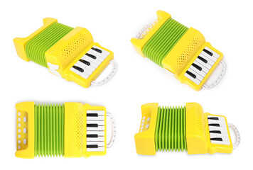 Toy accordion on white background, collage. Child's musical instrument