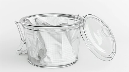 Photorealistic image of a glass laundry hamper with removable cover on a white background