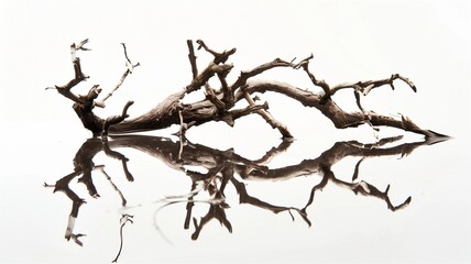 Photorealistic image of a dry root with reflections on a white background