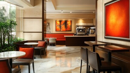 Fototapeta premium Modern Hotel Lobby Cafe with Orange Accents