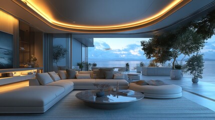Fototapeta premium Luxury Coastal Living Room with Breathtaking Ocean View
