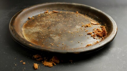Photorealistic image of a chipped plate with crumbs
