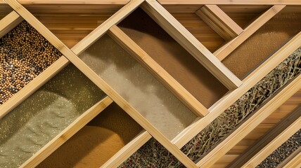 Photorealistic image of a bamboo spice drawer insert with angled rows in a studio setting