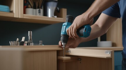 Carpenter assembling wooden kitchen cabinets. Featuring craftsmanship and design