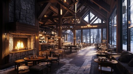 Cozy Winter Lodge Restaurant: A Fireplace's Warmth and Snowy Forest Views
