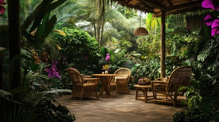 Obraz premium Serene Tropical Patio: Bamboo Furniture Amidst Lush Greenery
