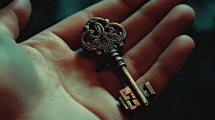 A beautifully ornate antique key held gently in a hand.