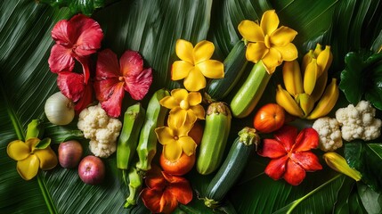 Vibrant Tropical Still Life: A Symphony of Fruits, Vegetables, and Flowers