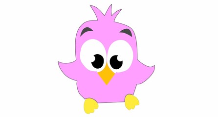 A cute and whimsical illustration of a small, chubby bird. The bird is predominantly pink with a yellow beak and yellow feet