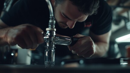 Plumber tightening a pipe connection under a kitchen sink. Featuring expertise and leak prevention