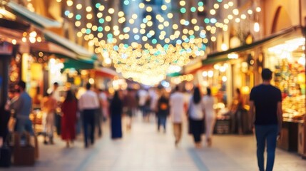 Fototapeta premium Evening Market Stroll, Blurred People, Lights, Shops