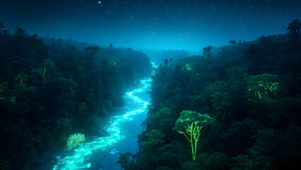 Mystical River in a Glowing Forest at Night